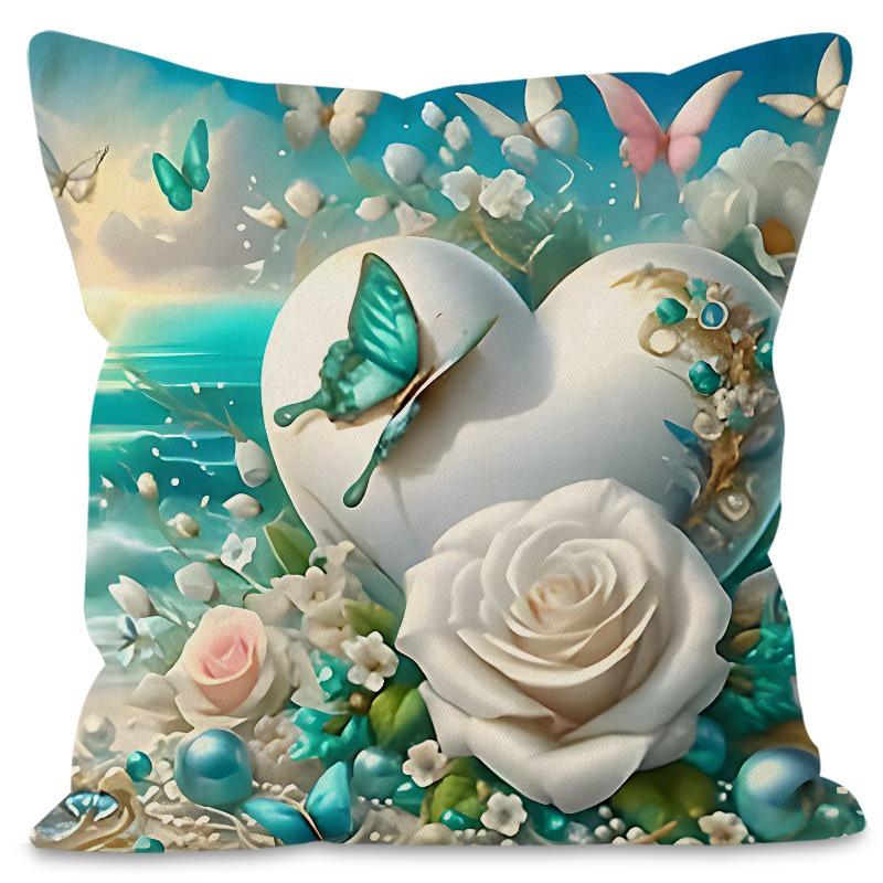 Love Heart Rose Print Pattern Home Decor Pillowcase Bedroom Living Room Sofa Decoration Polyester Cushion Cover With Zipper