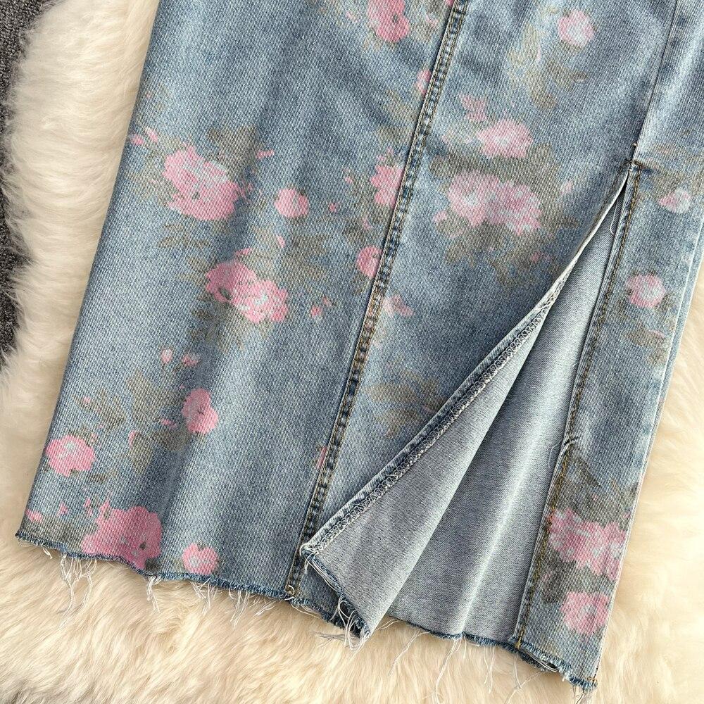 Summer Light Mature Style High Waist Thin Split Rose Blue Denim Skirt Versatile Medium And Long A-Bag Hip Skirt