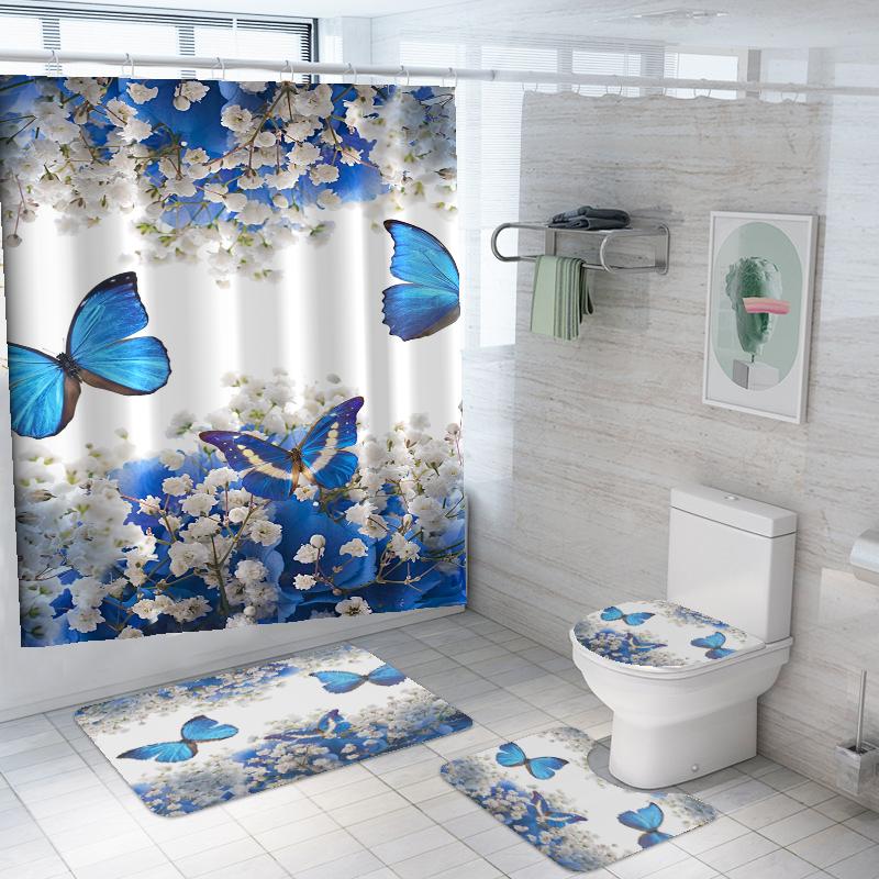 4 STK Luksus Sommerfugl Dusjforhengsett Geometriske Striper Draperier For Baderomstilbehørsett Badekarforheng Med Kroker Vanntett