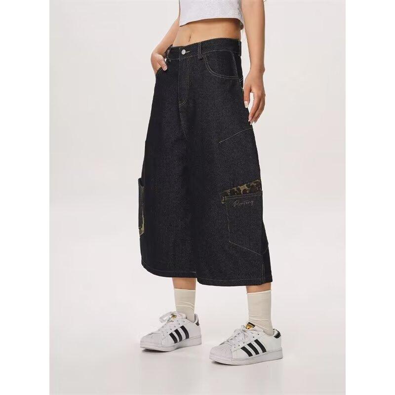 

Шорты деним с леопардовым принтом, мужские и женские, свободные, с широкими штанинами, укороченные брюки в стиле милитари 3XL чёрный