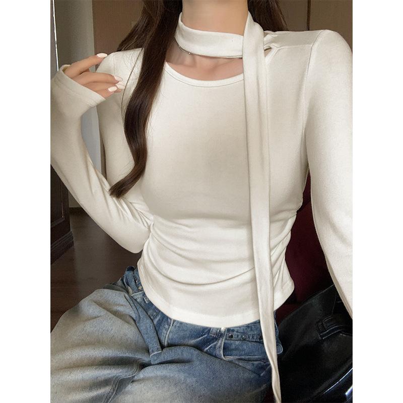 Sonbahar ve kış fırçalanmış sıcak yuvarlak yaka uzun kollu içlik kazak kadınlar için siyah pileli tişört ile katmanlı boyun atkılı üst