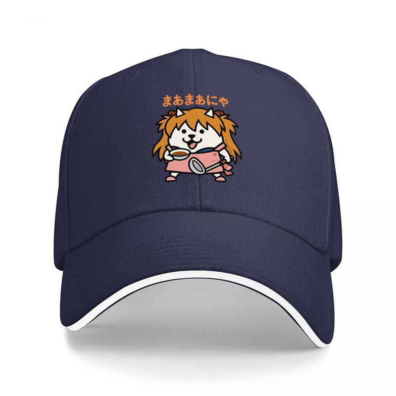 Mamamia Cat Anime Character Black Baseball Cap with Cute Dog Design and Japanese Text for Fans of Kawaii Culture and Pop Art