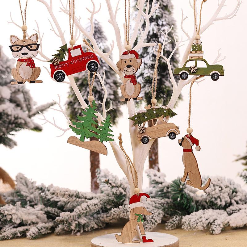 Car Ornaments Small Christmas Tree Hanging Wooden Pendants Elk Cartoon Animal Ornaments 2025 New Christmas Holiday Decorations