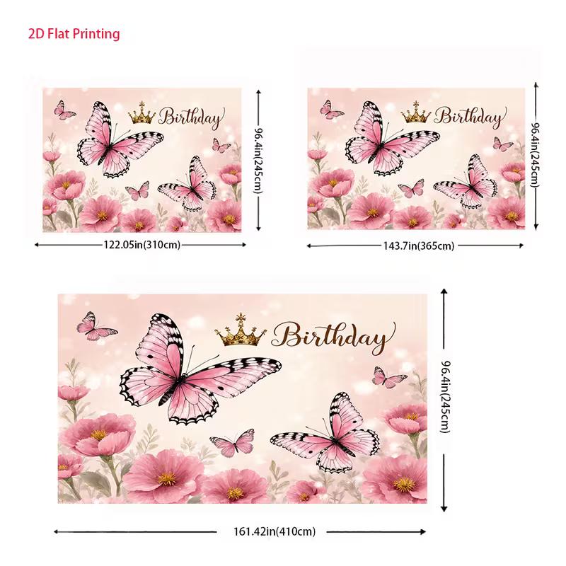 2D Princess Birthday Backdrop Pink Butterflies & Golden Crown Party Background Cloth