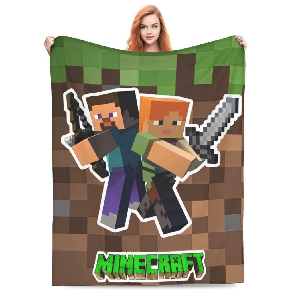 Cartoon Mines Pixel Game Crafts Flannel Blanket Super Warm Throw Blanket for Home Decor Decorative Street Trend Bedspread