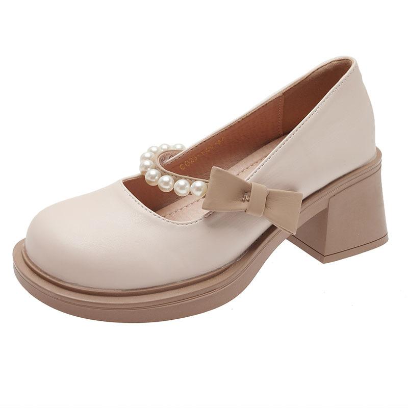 Mary Jane shoes spring summer Internet celebrity white high heels women French thick heel light mouth small leather shoes single shoes women