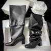 Cowhide~ Two wear high boots female knight boots autumn and winter round head splicing thick heel sleeve stacking boots but knee rivets
