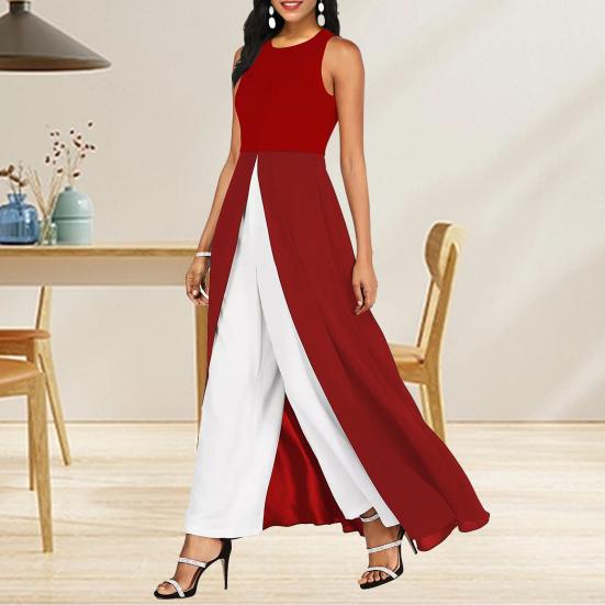 Damen Jumpsuit Sommer Ärmellos Kontrastfarben Spleißen Hoher Schlitz O-Ausschnitt Elegant Büro