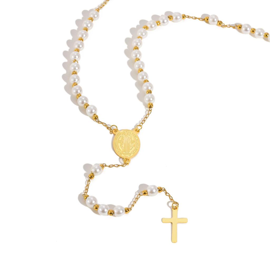 Holy Cross Rosary Virgin Necklaces Y-shaped, Women's Imitation Pearl Beaded Saint Benedict Necklace,Stainless Steel Jewelry Gift