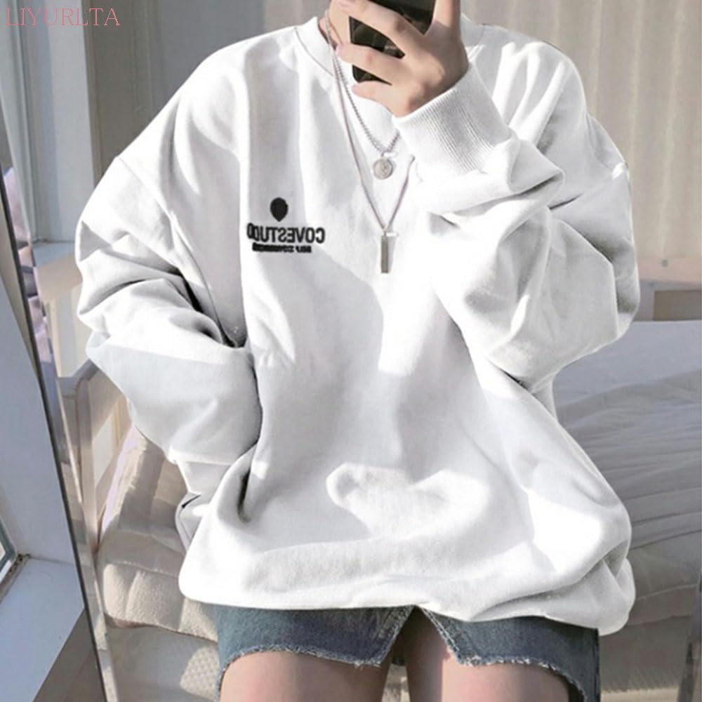 LIYURLTA Oversized Loose Plus Casual Top for and LIY56 Women's Sweatshirt, Fit, Size, Flattering, Lightweight, Spring, Autumn, Winter, (L, White)