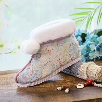 New Short Boots Brocade Winter Padded Velvet Shoes Embroidered Printed Snow Boots Women's Cotton Shoes Satin Wool Sneakers