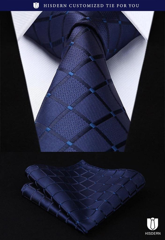[HISDERN] Business Navy Tie 3-Piece Set - Stylish, Perfect for Weddings, Blue Tie, Pocket Square, Men's Formal Wear, Gift, Washable T3-01