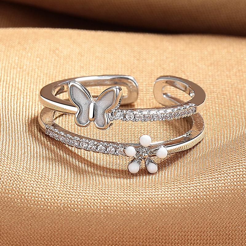 2026 French Light Luxury Butterfly Temperament Flower Ring Female Fairy Mori Student Double-layer Micro-inlaid Zircon Open Index Finger Ring
