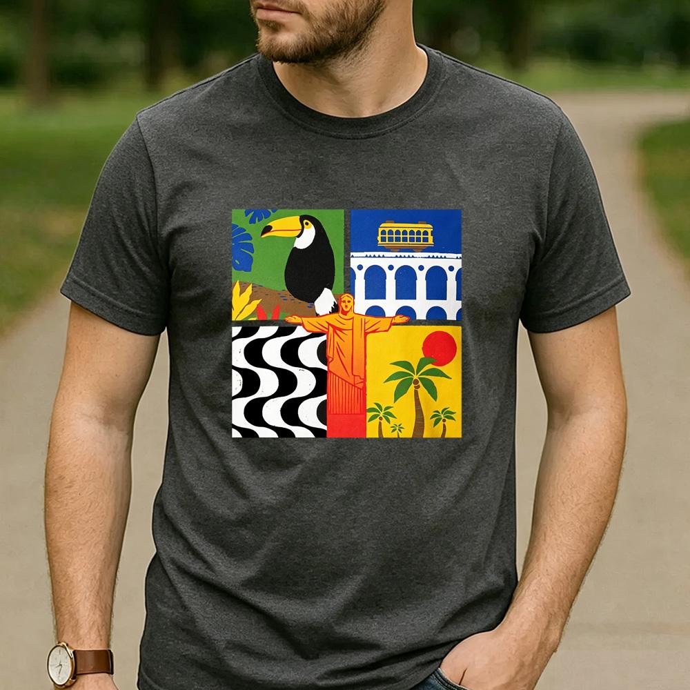 Rio de Janeiro Four Panel Pop Art Cotton T Shirt Brazil Toucan Christ the Redeemer Beach Graphic Unisex Unisex Unisex Streetwear Tee