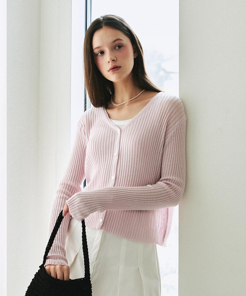 Loeil Soft See-Through V-Neck Cardigan - Pink