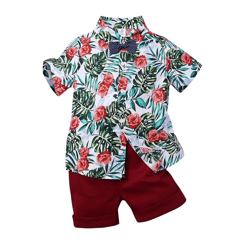 Blumenblatt-Print Kurzarm-Hemd Set für Jungen - Europäischer & Amerikanischer Stil