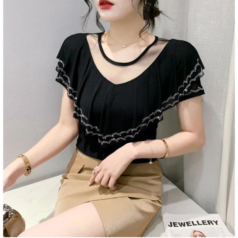 New Chic Summer Elegant Women T-Shirt Clothes Sexy Luxury Shiny Diamonds Tops Short Sleeved Ruffles Mesh Tees Blusas