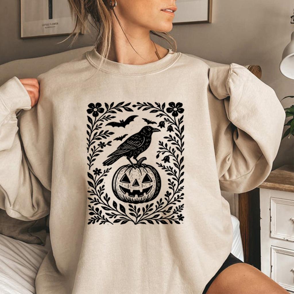 Halloween Crow Pumpkin Sweatshirt Jack O Lantern Floral Halloween Hoodies Women Crewneck Sweatshirt Long Sleeve Casual Pullover