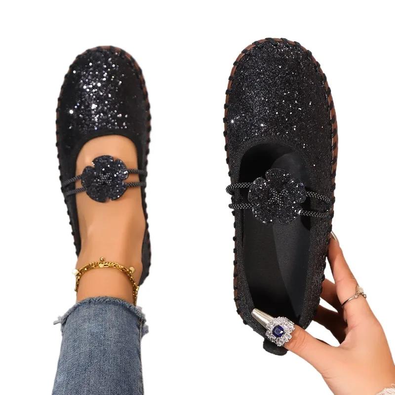 Fashion Bling Flowers Round Toe Flats Spring/autumn New Shallow Shoes Female 2025 High Quality Slip-on Sweet Flats Sapatos Planos