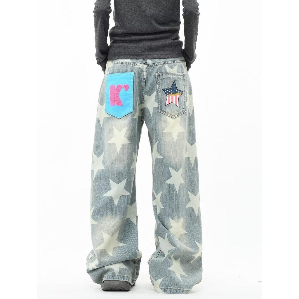 American Retro Washed Star Printed Straight Jeans Men and Women Loose Wide Legs Niche Design Street Trousers