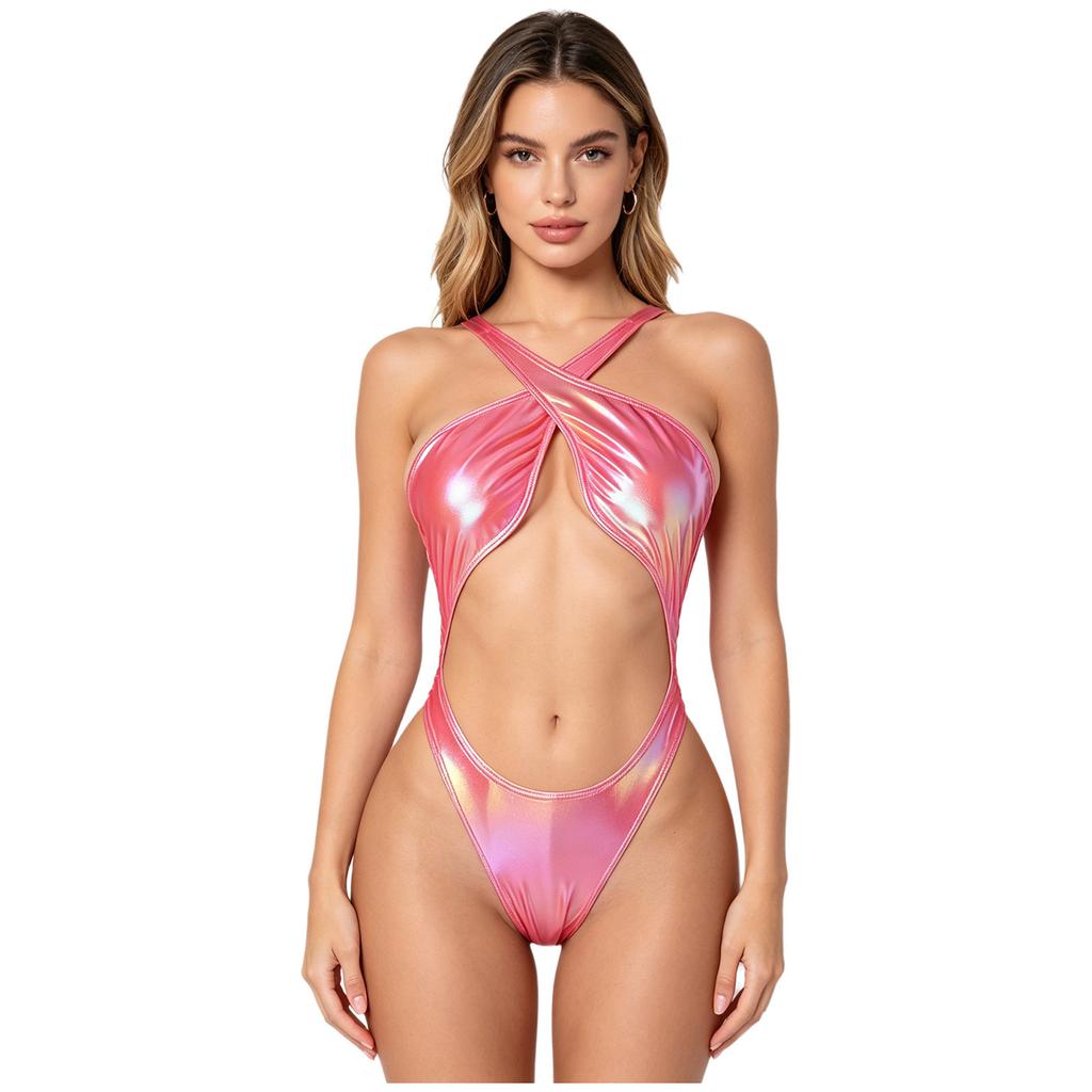 Womens Iridescent Metallic One Piece Swimsuit Chest Pads Crossing Strap Backless Bodysuit