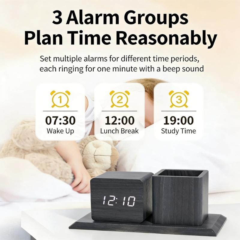 Creative Wooden Desk Item Combines Digital Alarm Clock With Pen Storage Section faint Setting And Three Alarm picks