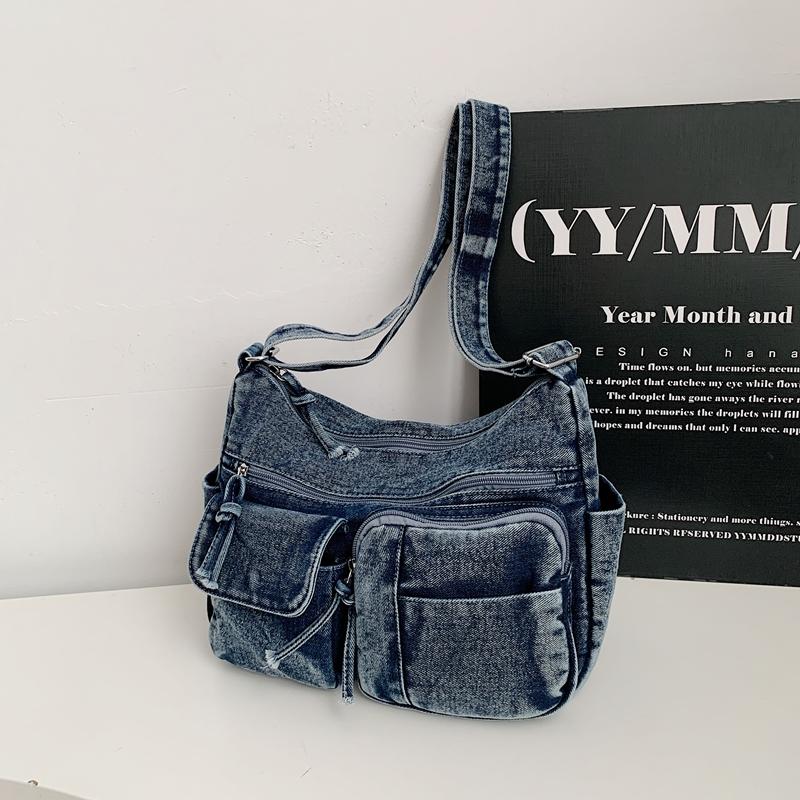 Multi-Pocke Crossbody Bag Denim Commuter Tote Bag Women Large Capacity Messenger Bag