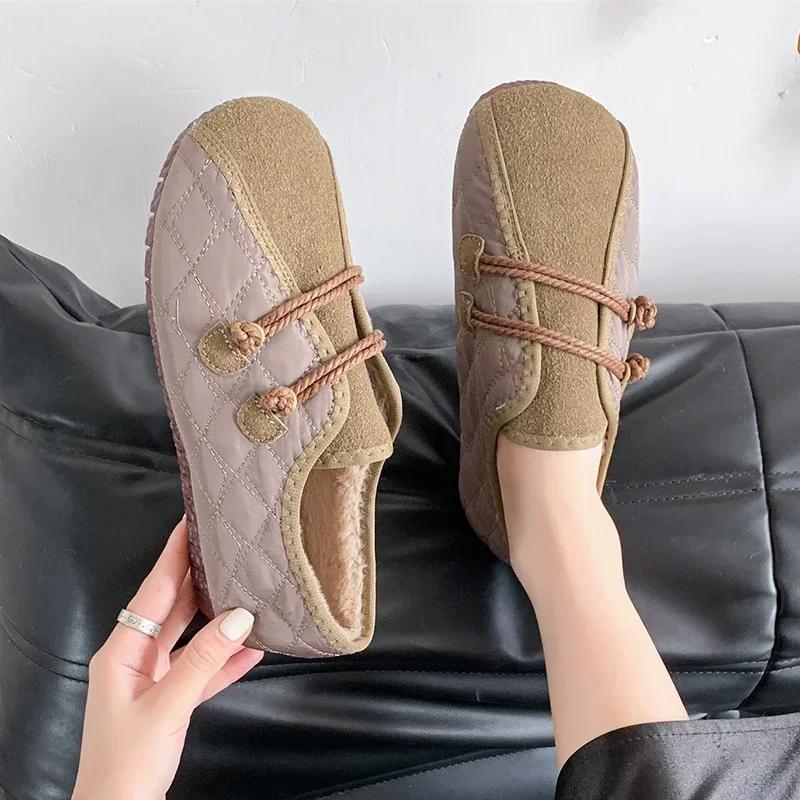 2025 Winter New Velvet Warm Trendy Retro Comfortable Round Head Flat Bottom Warm Bean Cotton Shoes Plus Size 41 42 Female New