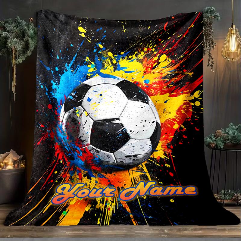 1PC Custom Name Soccer Splash Art" Outdooor Flannel Blankets Patterns Throw Blanket All-Season Soft Gift for Couch, Bed, Camping Gifts