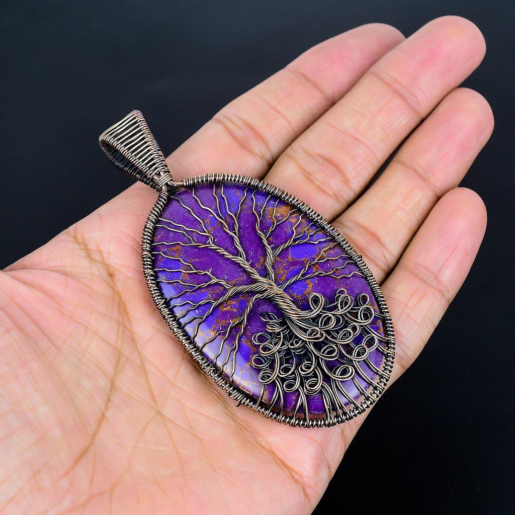 Purple Copper Turquoise Pendant, Handmade Gemstone 999 Copper Wire Wrap Tree Of Life Pendant Antique Jewelry, For Gift Copper Jewelry