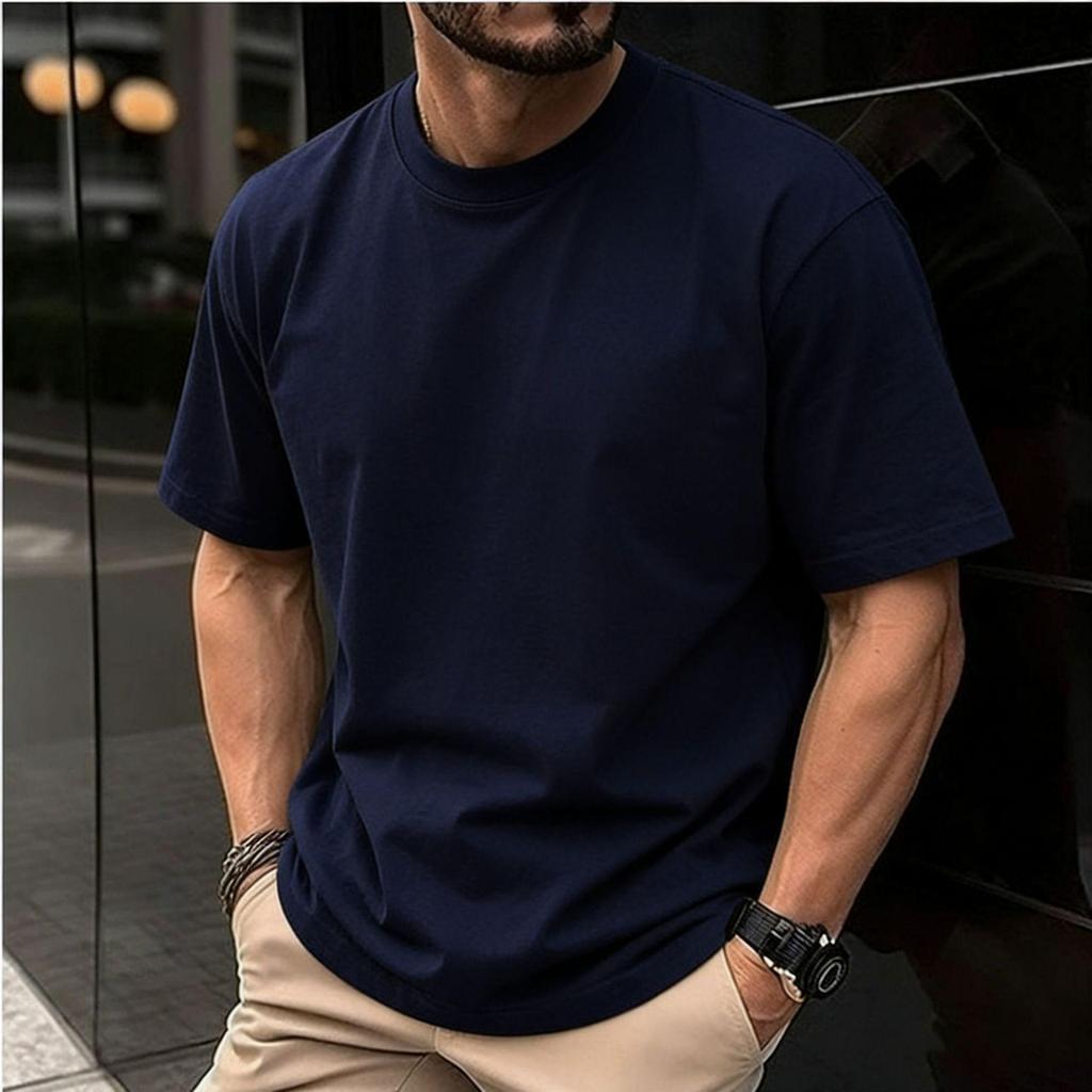 Men's Oversized Round Neck Logo T-Shirt - Solid Color, Drop Shoulder, Pure Cotton, European Size 200g