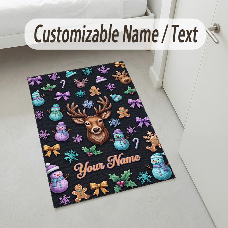 Christmas Theme Crystal Velvet Rug Personalized Custom Name Text Soft Floor Mat Home Decor