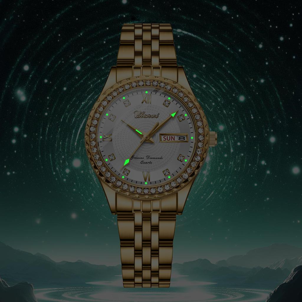 Stylish Stainless Steel Watch In Analog 3ATM Water Day Quartz Fashion Accessory Perfect Gift for or Lover Women's Gold Display, Calendar, Resistance,