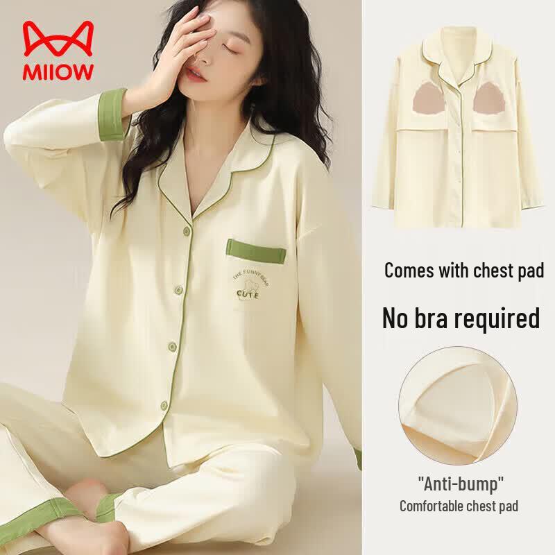 Women s Pure Cotton Lapel Pajama & Homewear Set with Built-in Pads XL
