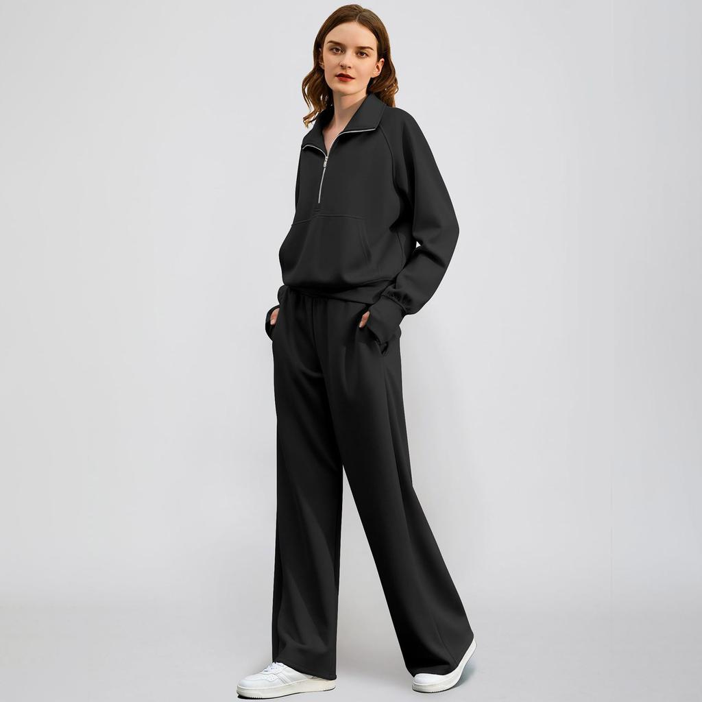 Fashionable Women's Two-piece Zipper Sweatshirt Wide-leg Sweatpants Casual Suit