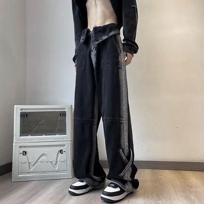 High Street Gradient American Wide Leg Jeans Men's Clothing Denim Pants Stylish Cross Spliced Vintage Young Style Loose Trousers