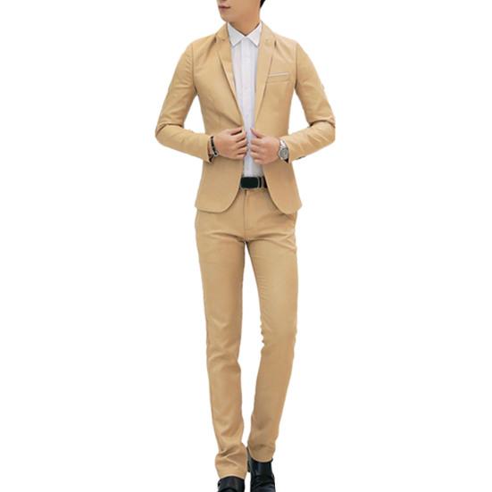 Set de 2 bucăți pentru bărbați, primăvară, toamnă, culoare uni, costum de afaceri cu rever, mânecă lungă, buzunare, cu un singur buton, blazer cu talie mijlocie, pantaloni lungi, slim fit