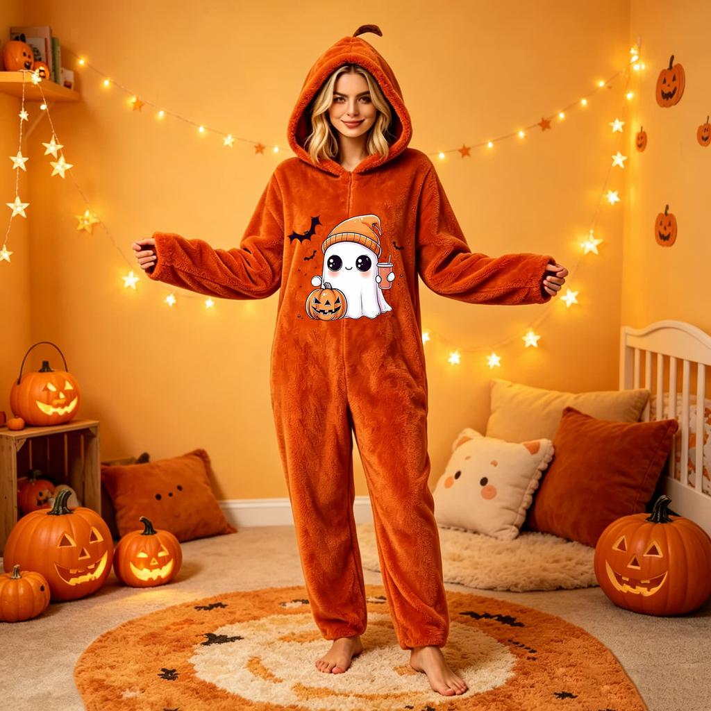 Dames Halloween Print Flanellen Jumpsuit Loungewear Set voor Gezellige Huis Slaapkleding
