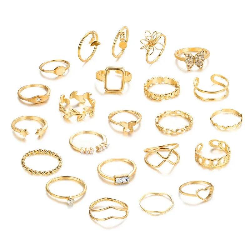 22PCS/SET Korean Exquisite Hollow Butterfly Heart Flower Knuckle Rings Set For Women Men Trendy Geometric Leaf Ring Jewelry Gift