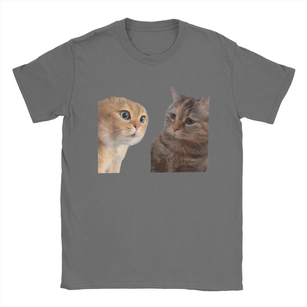 Two Cats Talking Meme T-Shirts for Men Sad Cat Mewing Vintage 100% Cotton Tee Shirt Crewneck Short Sleeve T Shirt Summer Tops