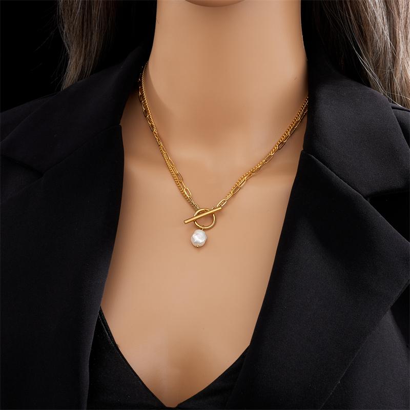 DIEYURO 316L Stainless Steel OT Clasp Large Pearl Pendant Necklace For Women New Girls 2-Layer Chain Jewelry Party Gifts Bijoux