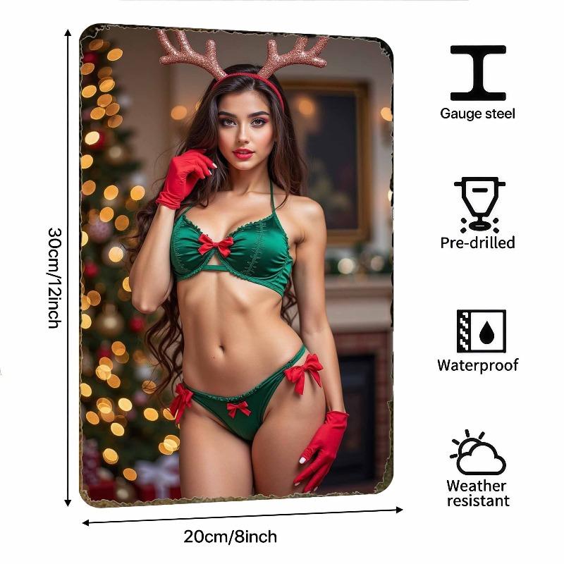 Noel Pin-Up Kızları Metal Tabela, Ofis Hediyesi Duvar Dekoru 20x30cm