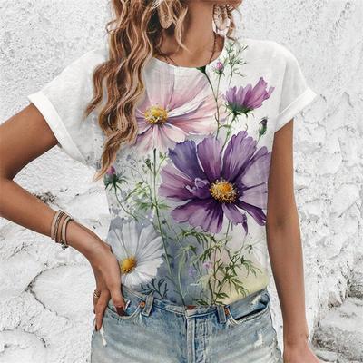 Camiseta Estampada de Flores Bonitas Para Mujer Plantas Camisetas Impresas en 3D Camisetas de Moda de Verano Mangas Cortas Tops de Cuello Redondo Streetwear