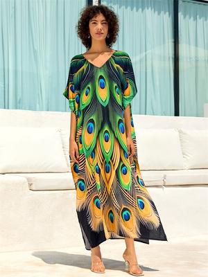 Bohemian Printed Women's Plus Size Kaftan Green Loose Robe 2024 Summer Holiday Lounge Wear Beach Dress Swimwear Cover Up Q1674