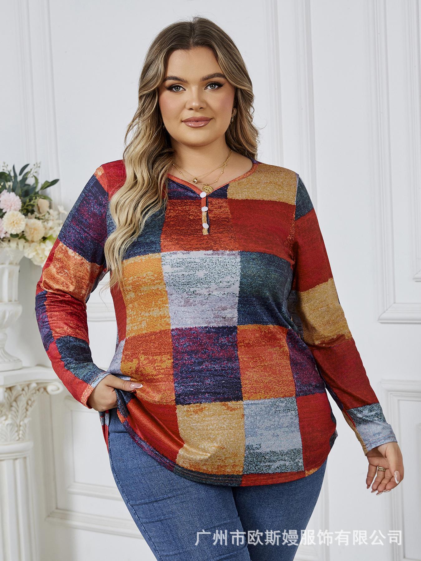 

Large size women s clothing Europe, America, independent station V-neck long-sleeved T-shirt color block printing spring and autumn top 1XL красный
