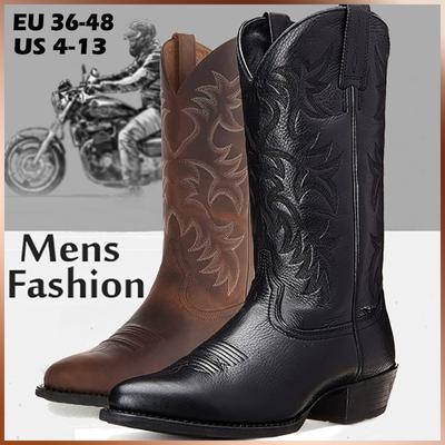 Plus Size Men's Retro Distressed Western Boots Leather Cowboy Boots Embroidery Tall Boots Chunky Heel Pointed Toe Knight Boots