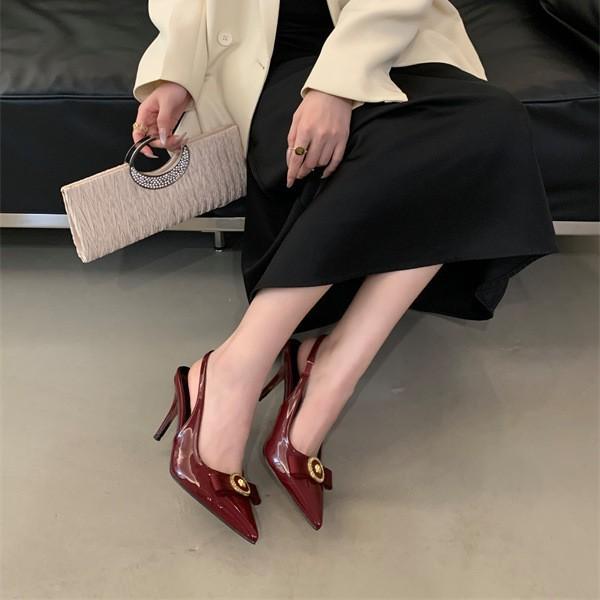 2025 Summer New High Heels Thin Heel Pointed French Temperament Bow Light Mouth Empty Women's Sandals