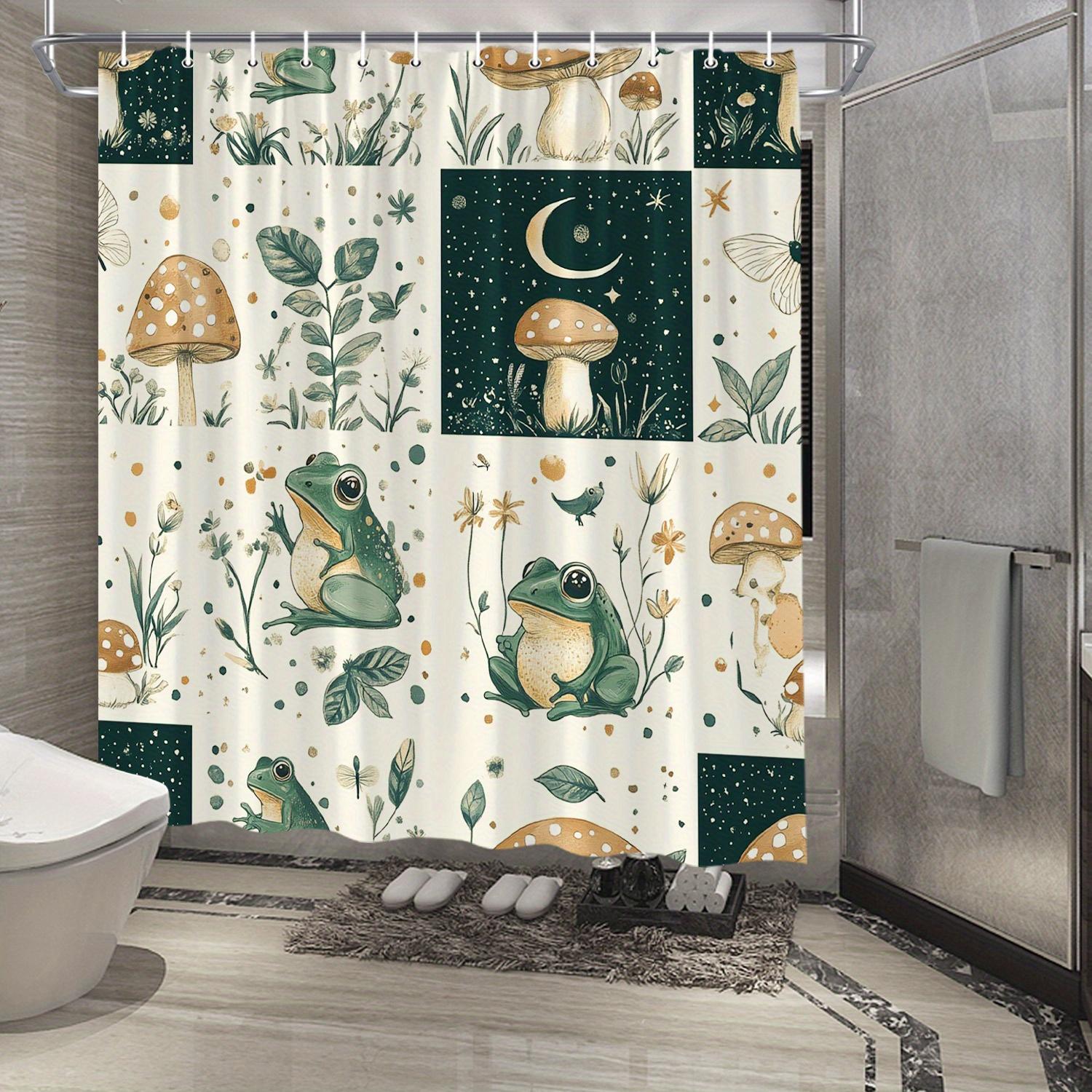 Whimsical Nature Shower Curtain - Cartoon Frog, Mushroom & Night Sky Design, Green Leaves & Cream Background W90xH180cm