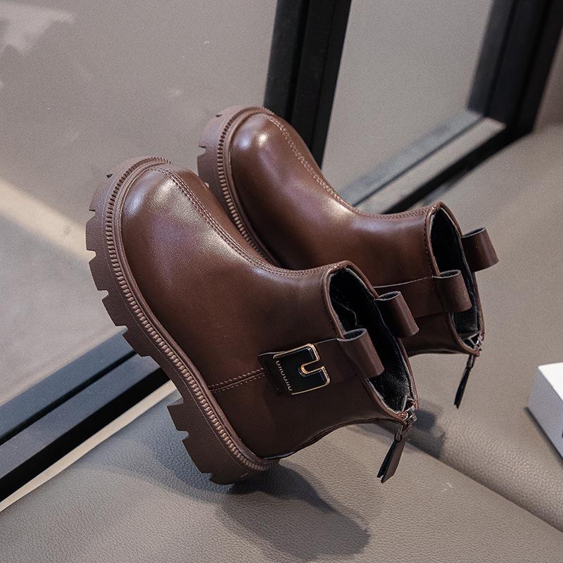 Kinder Herbst/Winter 2025 Schwarze Leder-Knöchelstiefel - Jungen & Mädchen Britischer Stil