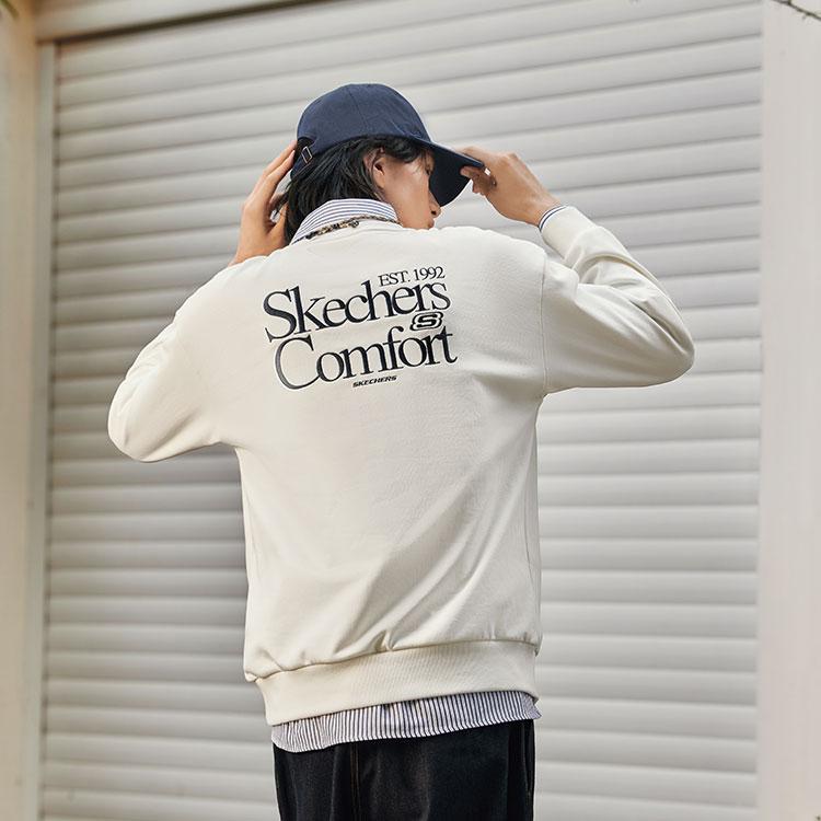 Skechers Simple College Style Knitted Embroidered Pullover Sweatshirt Comfortable Relaxed Unisex sweatshirt Cotton-Candy-White L324U107-0074